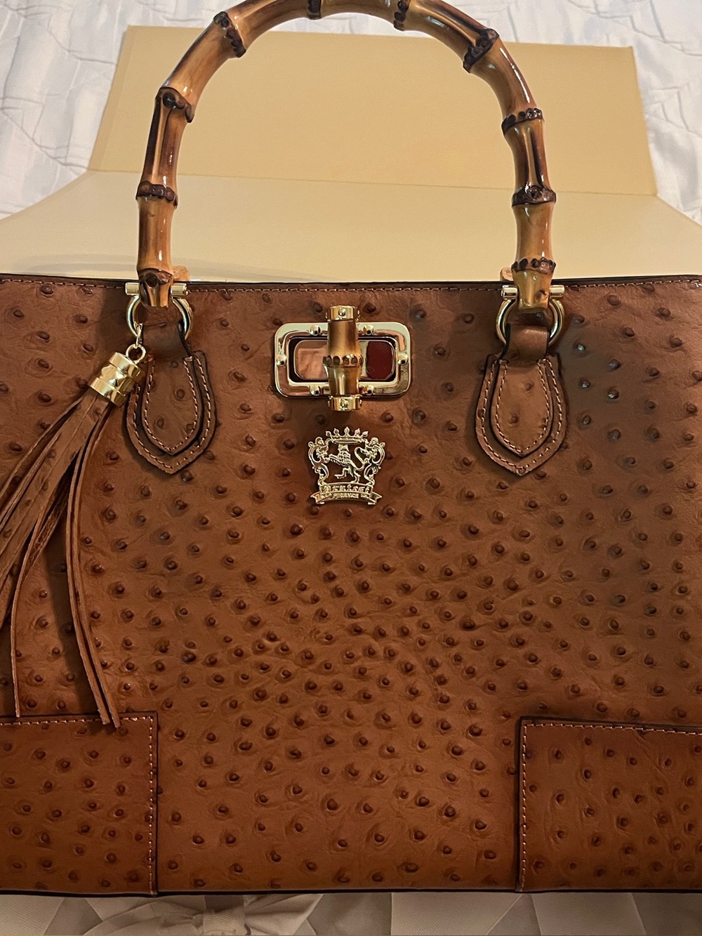 Pratesi Italian made Brown Ostrich-Tote Bag with Bamboo Handles.